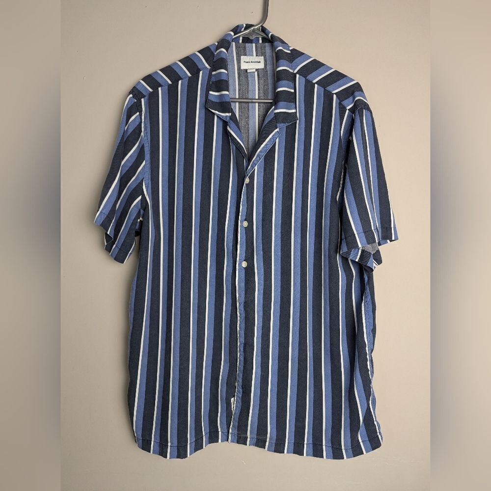 Frank And Oak Tencel Shirt men’s Blue Stripe Button Down Summer Sz L